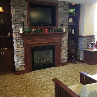 A cozy living room with a stone fireplace and television, decorated with plants and stylish furniture.