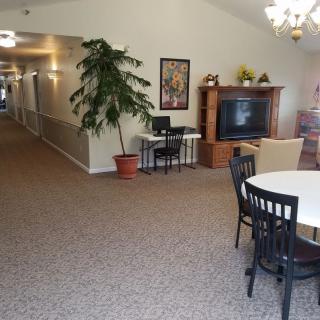 A cozy living area with a television, dining table, chairs, and a potted plant near a hallway.