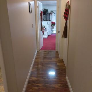 A cozy hallway with a wooden floor leading to a decorated room.