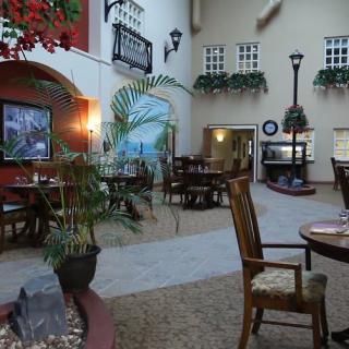 A cozy indoor dining area with tables and chairs, decorated with plants and artistic elements.