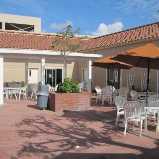 An outdoor patio area with chairs, tables, and umbrellas under a clear blue sky.