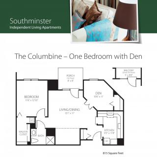 Floor plan of 'The Columbine' one-bedroom apartment with a den at Southminster.