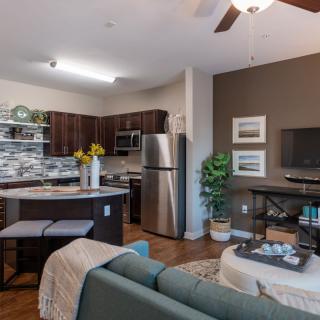 A modern open-concept living space with a cozy kitchen and stylish decor.