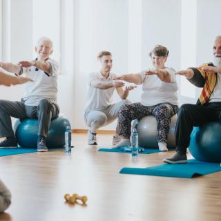 A group of seniors participating in a fitness class using exercise balls and yoga mats.