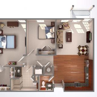 A two-bedroom apartment floor plan featuring a living room, kitchen, bathroom, and balcony.