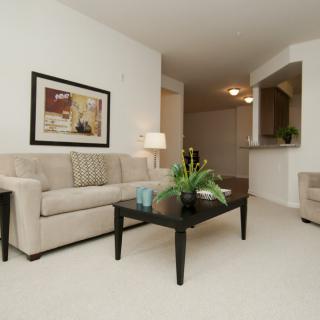 A minimalist living room featuring a comfortable sofa, a coffee table with decor, and wall art.