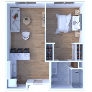 A floor plan of a compact one-bedroom apartment featuring a kitchen, living area, and bathroom.