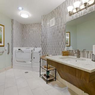 A modern bathroom featuring a walk-in bathtub, a spacious sink area with a large mirror and stylish lighting fixtures.