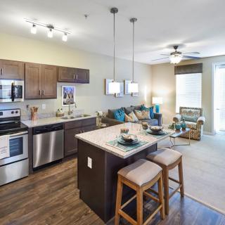 A modern open-plan kitchen and living room with stylish decor and amenities.