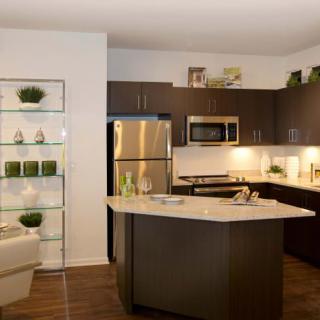 A modern kitchen with dark cabinets and a central island, featuring stainless steel appliances.