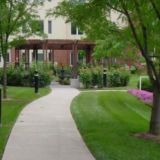 A serene walkway surrounded by lush greenery and vibrant flowers leading to a building in the background.