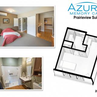 A collage image showcasing a bedroom and bathroom alongside a floor plan for an Azura Memory Care suite.
