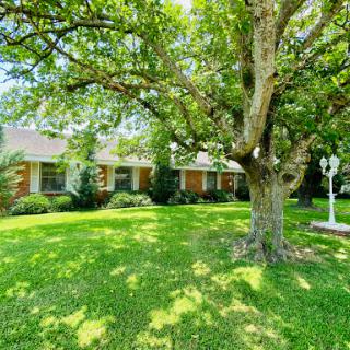 A charming house with a lush green lawn and a large tree providing shade.