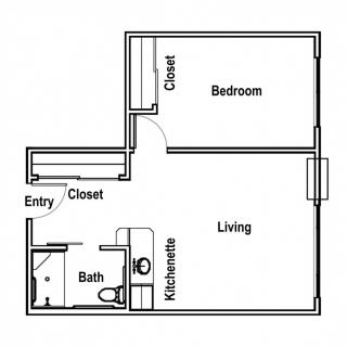 A simple floor plan of a one-bedroom apartment with living, kitchen, and bath areas.