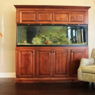 A large aquarium set into a wooden cabinet in a living room.