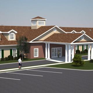 A rendered image of a building with a gabled roof and a columned entrance, featuring a parking lot in the foreground.