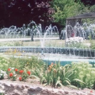 A tranquil garden scene featuring a beautiful fountain surrounded by vibrant flowers.