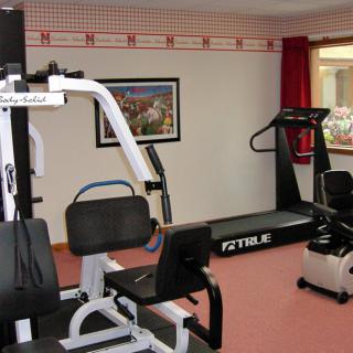 A small indoor gym with various exercise equipment including a treadmill and weight machine.