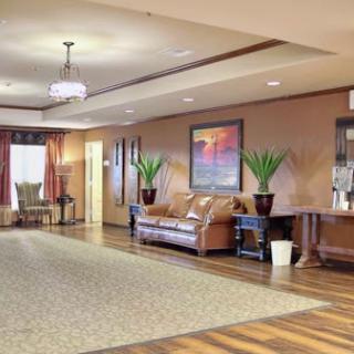 A spacious and inviting lobby area with comfortable seating, decorative plants, and an artistic touch.