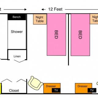 Floor plan illustrating a bedroom layout with twin beds and adjacent furniture.