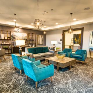 A stylish modern living room features teal chairs and a sofa, complemented by elegant chandeliers and a patterned rug.