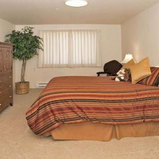A cozy bedroom with a striped bedspread, wooden dresser, and potted plant.