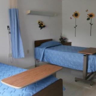 A hospital room with two beds and blue sheets, featuring sunflower-themed decorations on the wall.