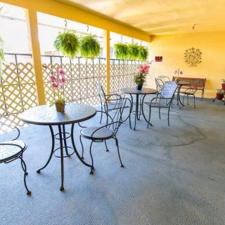 A cozy patio area with metal tables and chairs, adorned with hanging plants and decorative elements.