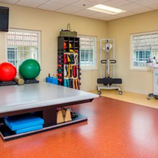 A well-equipped physical therapy room with exercise balls, mats, and other rehabilitation equipment.
