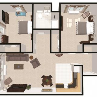 A detailed floor plan of a residential apartment showing the layout of bedrooms, living area, kitchen, and bathroom.