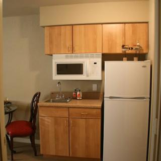 A compact kitchen area with wooden cabinets, a microwave, refrigerator, and small sink.