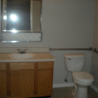 A bathroom with a sink, toilet, and a large mirror above the cabinet.