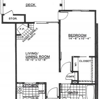 A one-bedroom apartment floor plan featuring a living/dining room, kitchen, bathroom, closet, and a deck.