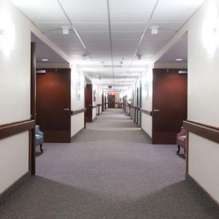 A well-lit office hallway with multiple doors on each side.