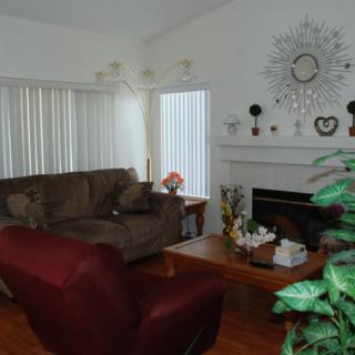 A cozy living room featuring a sofa, armchair, coffee table, and a decorated fireplace with window blinds.
