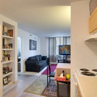 A cozy apartment interior featuring a living room with a sofa, television, and bookshelf, adjacent to a compact kitchen area.