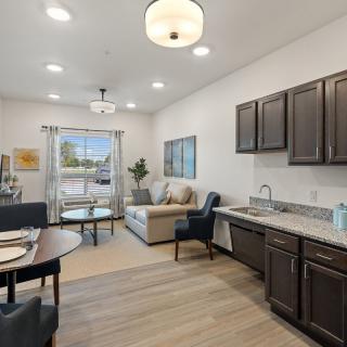 A modern open-concept living room and kitchen area with stylish decor and furnishings.