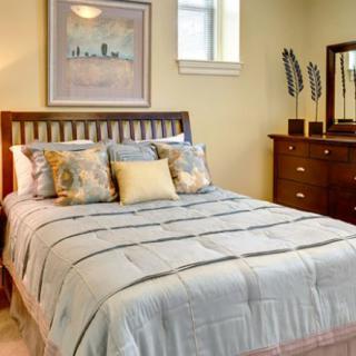 A cozy bedroom with a neatly made bed and wooden furniture.