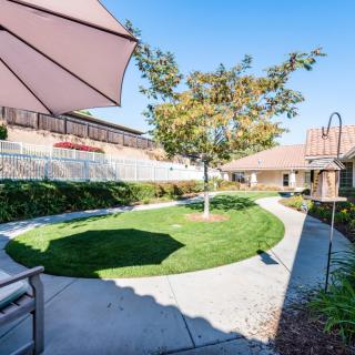 A well-maintained garden with a patio area and umbrella, featuring a central tree.