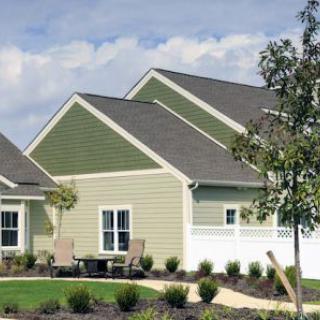 A suburban house with green siding and a landscaped front yard.