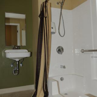 A bathroom with a shower area, sink, and mirror.