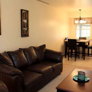 A cozy living room with a brown leather sofa and an adjacent dining area.