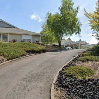 A suburban driveway leading up to a house, surrounded by landscaped greenery and trees under a clear blue sky.