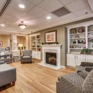 A cozy living room with a fireplace and modern furnishings.