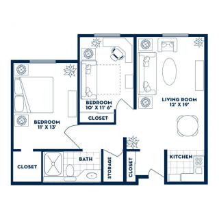 A floor plan of a one-bedroom apartment featuring a living room, kitchen, bathroom, and closets.