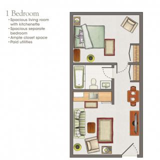 A floor plan of a one-bedroom apartment featuring an open-concept living and dining area, kitchen, bathroom, and a bedroom.