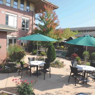 A sunny outdoor patio with tables, chairs, and green umbrellas surrounded by a garden.