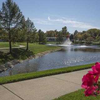 A serene park scene featuring a lake with a fountain, surrounded by trees and vibrant flowers.