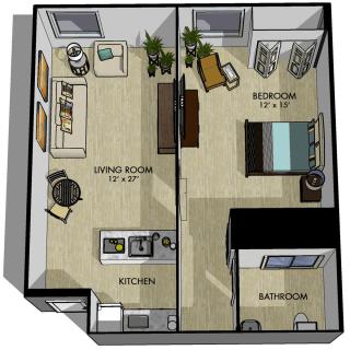 A 3D floor plan of a one-bedroom apartment with a living room, kitchen, and bathroom.