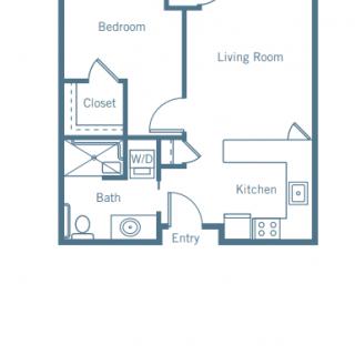 A simple one-bedroom apartment floor plan featuring a kitchen, living room, bathroom, and closet.